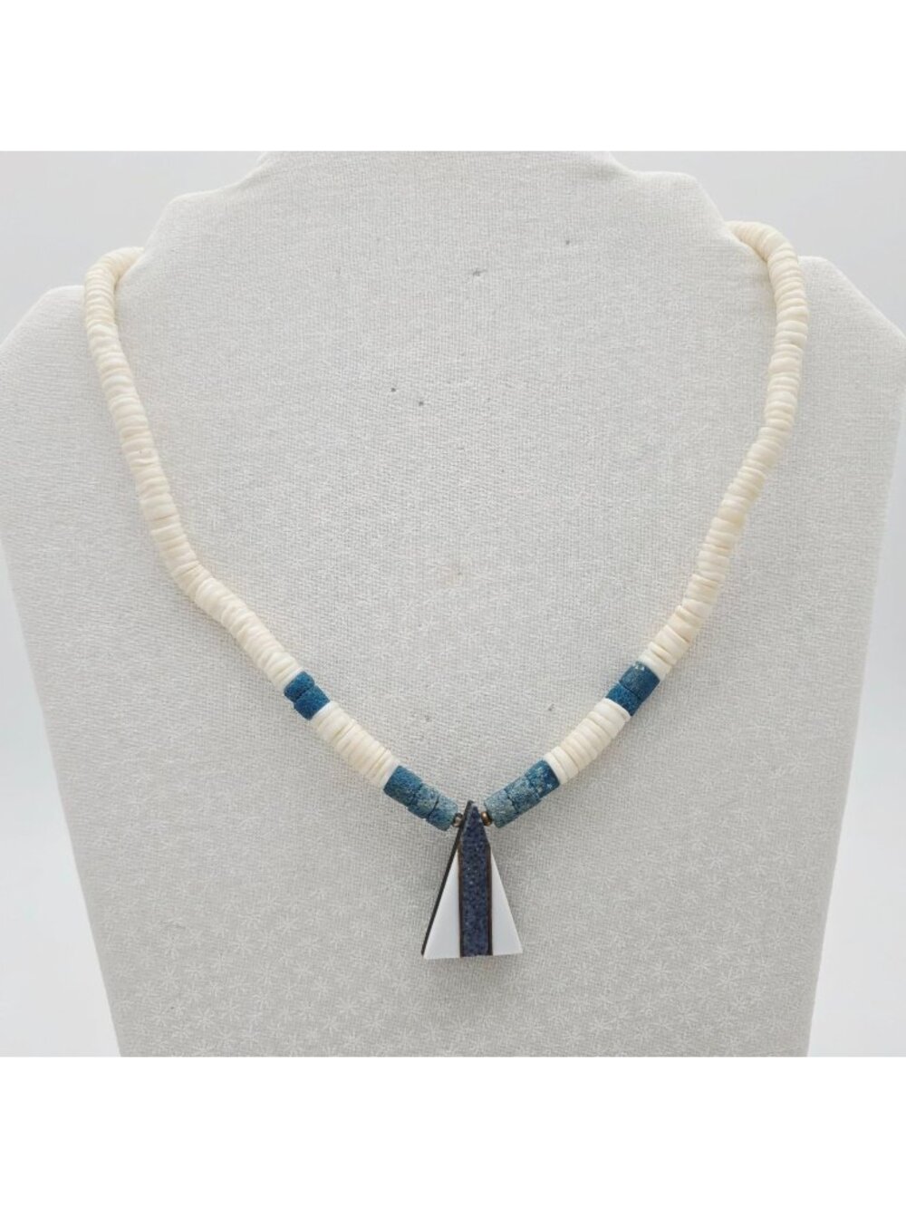 Blue Denim & White Sponge Coral Necklace With Triangle Pendant Brass Accent 18"